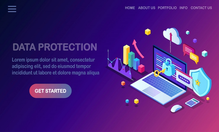 Vector protección de datos. seguridad en internet, acceso privado con contraseña. pc de computadora isométrica 3d con llave, cerradura, escudo, computadora portátil, gráfico, tabla. diseño para banner