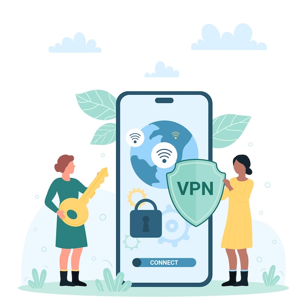 Protección de datos de servicio VPN móvil personas pequeñas que sostienen la llave para bloquear la pantalla y el escudo