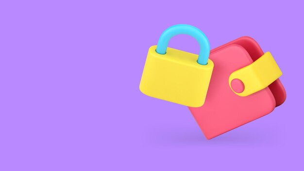 Protección del dinero billetera de seguro financiero con bloqueo banner espacio de copia icono 3D vector realista