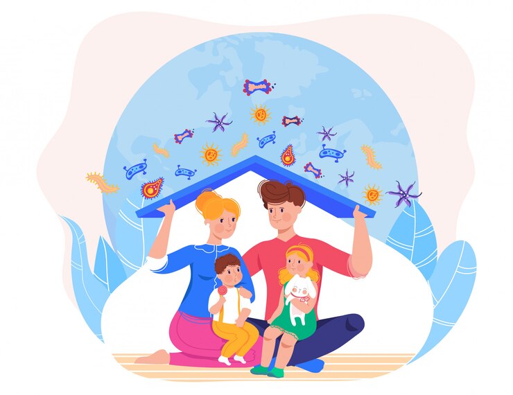 Vector protección familiar contra el virus covid-19 en la ilustración de autoaislamiento. cuarentena, distancia social. marido y mujer sostienen