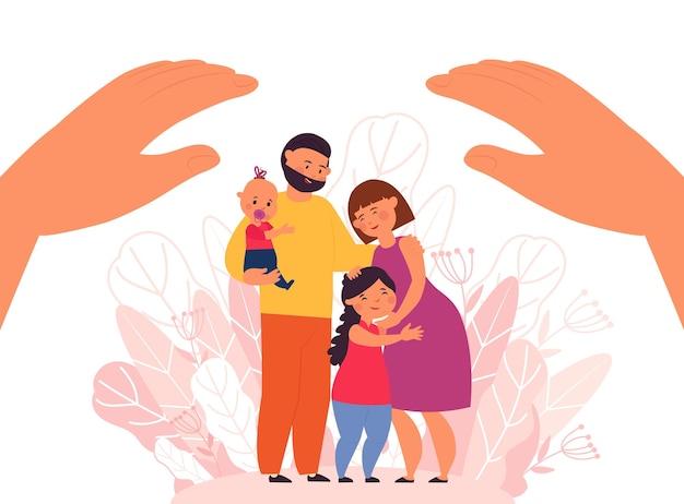 Protección familiar Proteger a las personas padres con hijos Metáfora de apoyo financiero o de atención médica Papá mamá niños se paran bajo manos gigantes escena vectorial decente