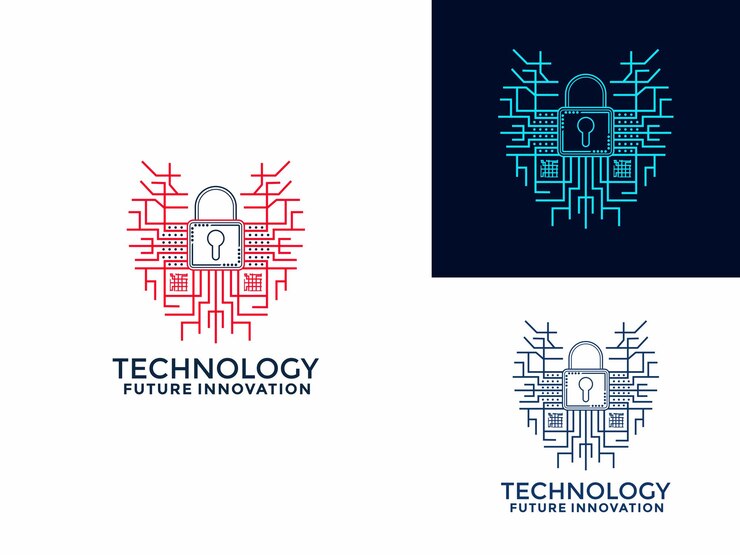Vector protección de la forma del circuito de amor con el vector de diseño del logotipo del símbolo de bloqueo plantilla de vector del icono del logotipo de seguridad cibernética