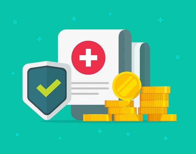 Protección de formulario de seguro de vida de atención médica médica o cobertura de reclamo de riesgo de documento de atención médica de Medicare con dibujos animados planos de escudo y dinero