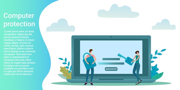 Vector protección informática personas en el fondo de una computadora portátil con un código de acceso