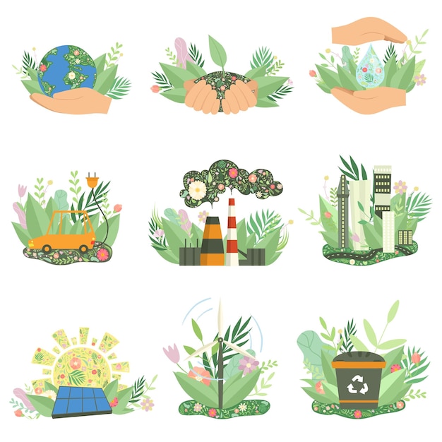 Protección del medio ambiente Recursos energéticos alternativos y renovables Signos Conjunto de ecología Concepto Ilustración vectorial en fondo blanco