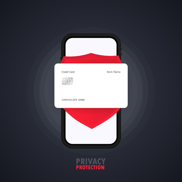 Protección de la privacidad en el banner del teléfono inteligente. tarjeta de crédito. proceso de trabajo confidencial. vector sobre fondo aislado. eps 10.