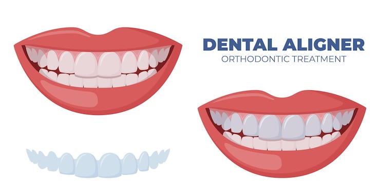 Vector protector bucal dientes con aparatos ortopédicos transparentes alineación de los dientes por alineadores entrenador de ortodoncia