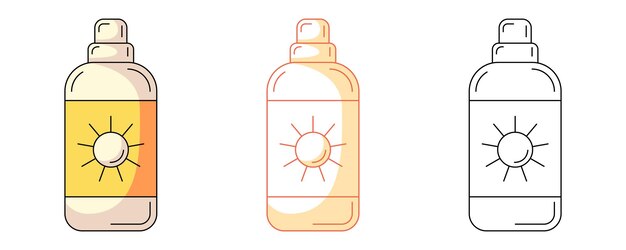 protector solar en una botella con dispensador colorido y icono de línea conjunto cuidado de la piel de seguridad solar de verano
