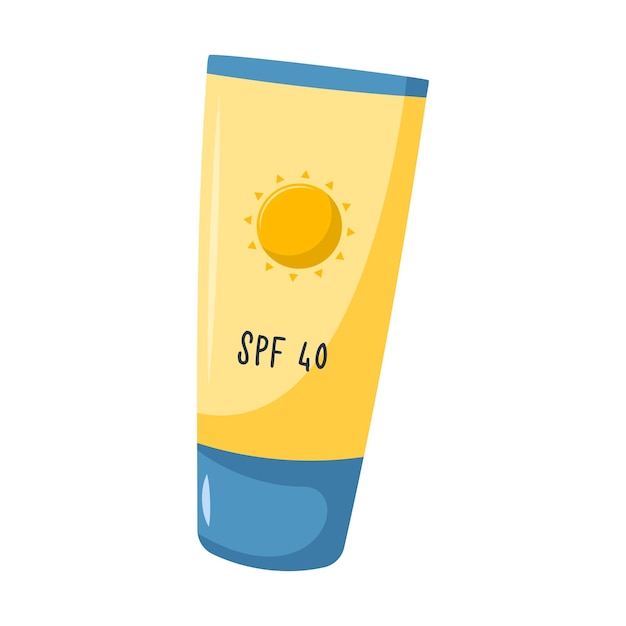 Vector protector solar loción bronceadora cosmético protector de verano en un tubo con una tapa y una imagen del sol ilustración vectorial en un estilo de caricatura plano aislado en un fondo blanco