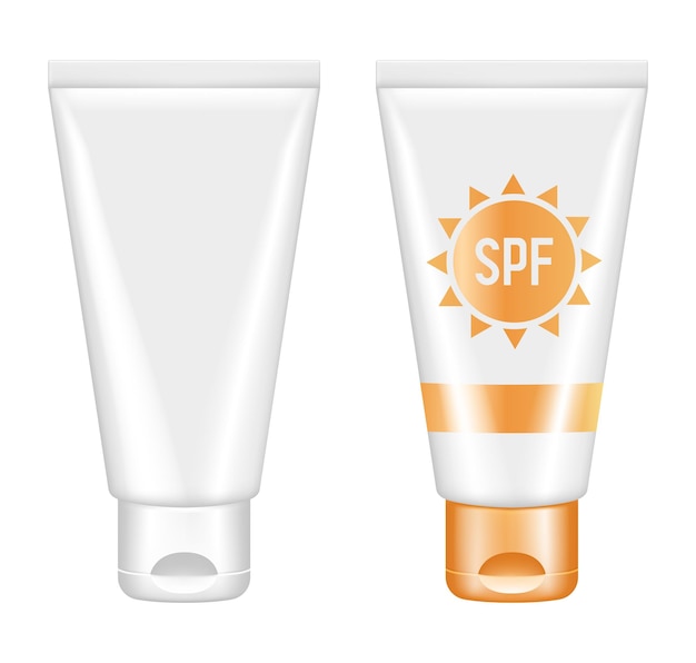 Vector protector solar tubo de crema spf ilustración 3d vectorial aislada sobre un fondo blanco