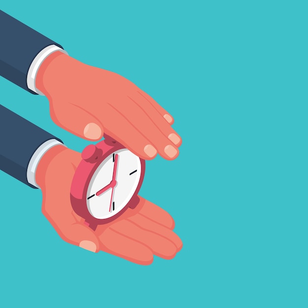 Protege el tiempo. Ahorre el concepto de tiempo. El hombre de negocios en las manos sostiene un reloj, despertador. Diseño isométrico de ilustración vectorial. Guardar reloj. Controlando el tiempo. Planificación estratégica exitosa.