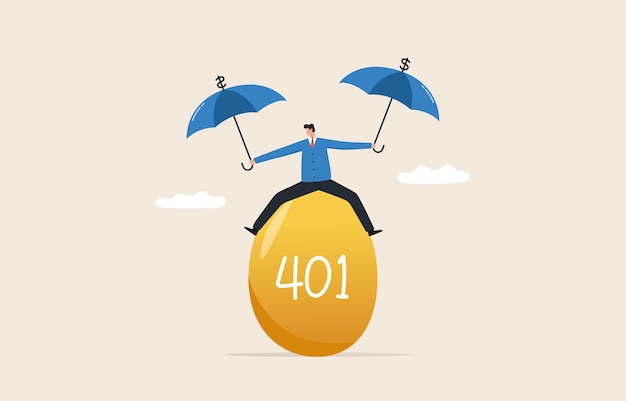 Proteja su cuenta de jubilación ira o 401k planificación de ahorros a largo plazo hasta el depósito de seguridad de jubilación un hombre de negocios abre un paraguas para proteger un huevo de oro 401k