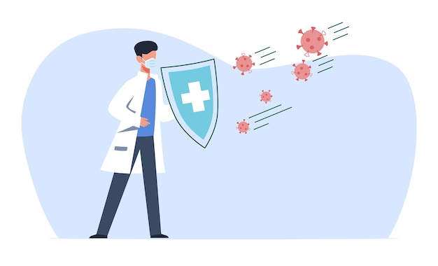 Protéjase del COVID-19. Médico con máscara médica con escudo protector, ataque de células de virus, lucha contra la enfermedad, detener el concepto de pandemia de coronavirus, cuidado de la salud y afiche de dibujos animados de vector plano de seguridad