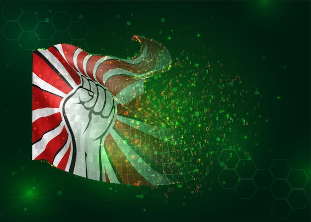 Protesta en la bandera 3d vectorial sobre fondo verde con polígonos y números de datos