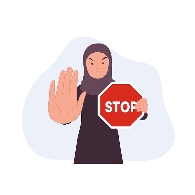 Vector protesta contra la violencia y la agresión contra las mujeres concepto una mujer musulmana sosteniendo la señal stop ilustración vectorial