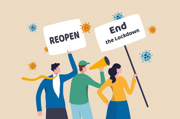 Protesta de Coronavirus COVID-19, personas que se reúnen para protestar para reabrir y poner fin al bloqueo para continuar con el concepto de negocio, personas que protestan con un signo para detener el bloqueo de Coronavirus con virus patógeno.
