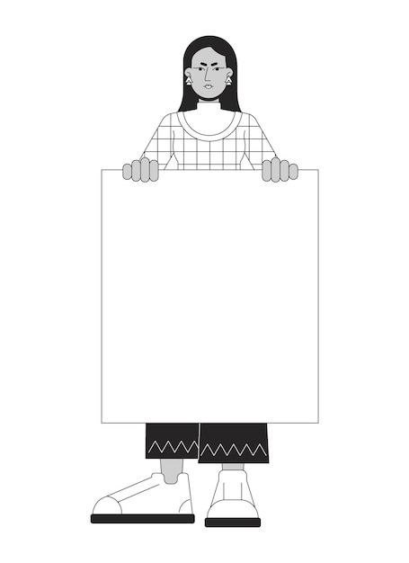 Protesta femenina con línea plana en blanco vacía carácter vectorial blanco y negro Demostración Feminismo Contorno editable persona de cuerpo completo Ilustración de punto aislado de dibujos animados simple para diseño gráfico web
