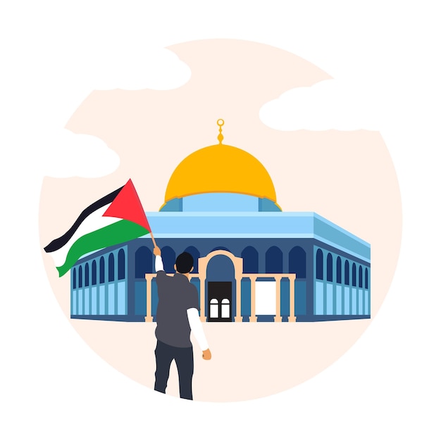 Una protesta de hombres se para frente a al Aqsa masjid con una ilustración de vector de bandera palestina