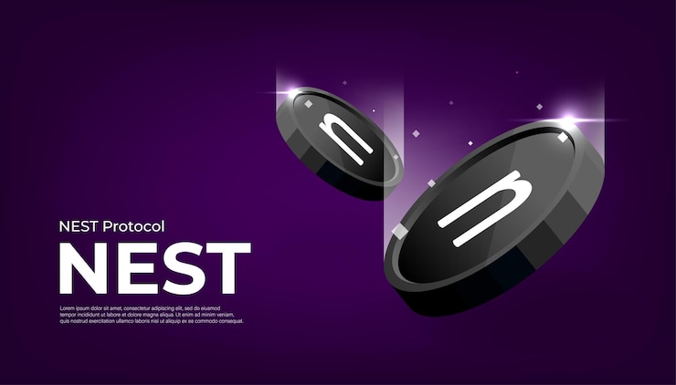 Vector protocolo nest moneda cripto moneda banner temático nest icono sobre fondo de color negro moderno