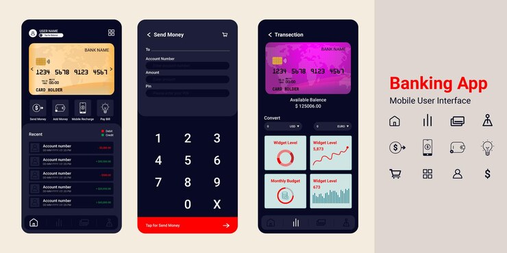 Vector prototipo de interfaz de usuario de la aplicación bancaria diseño de la interfaz de uso de la aplicación financiera móvil