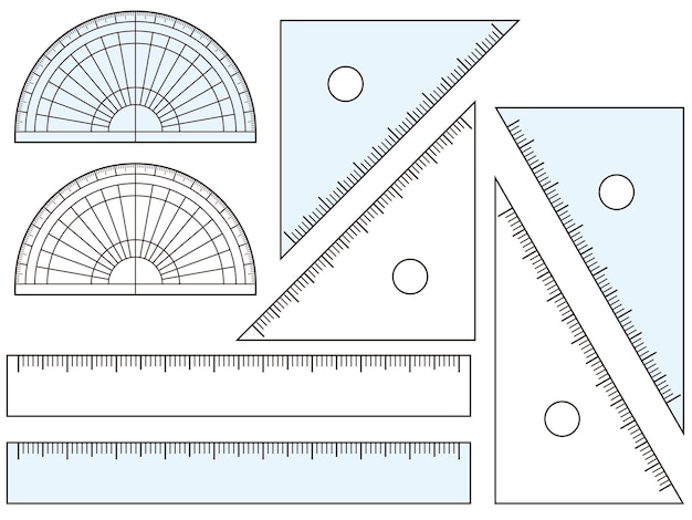 Vector el protractor y la regla triangular se establecen con la regla transparente y azul claro