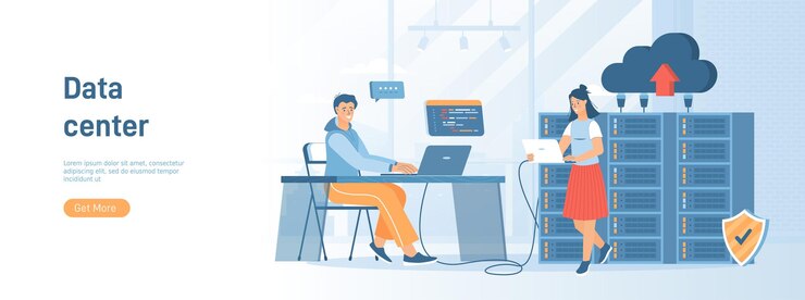 Vector proveedor de alojamiento de centros de datos tecnologías de almacenamiento de datos en la nube racks de servidores centro de datos flat conc