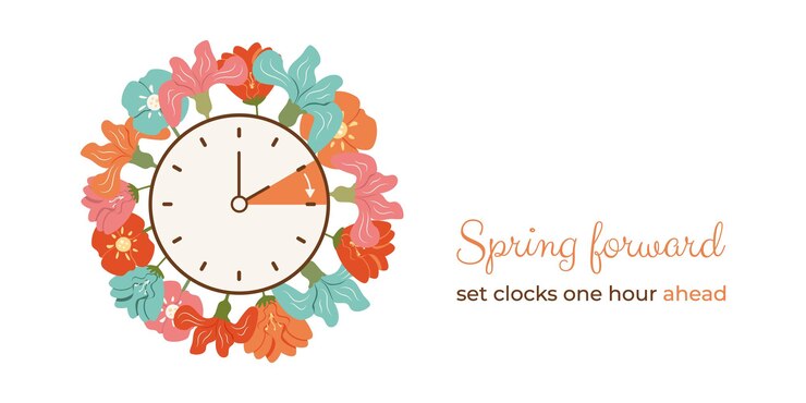 Próxima bandera floral Cambia los relojes de invierno a verano el domingo DST comienza así Establece los relojes una hora adelante en marzo Mano de alarma girando a hora de verano Horario con información y flores