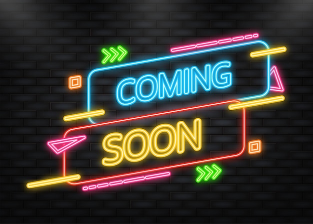 Próximamente banner en estilo neón sobre fondo oscuro Ilustración vectorial