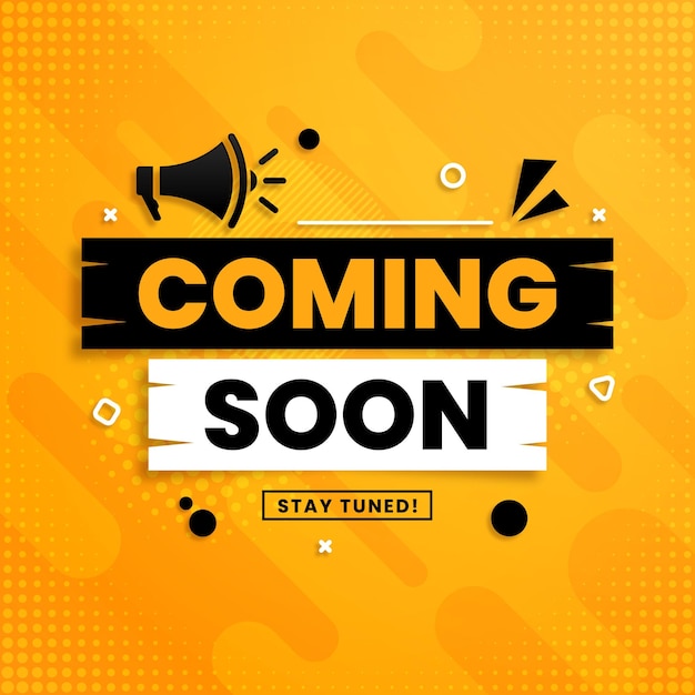 Próximamente con diseño de megáfono sobre fondo abstracto