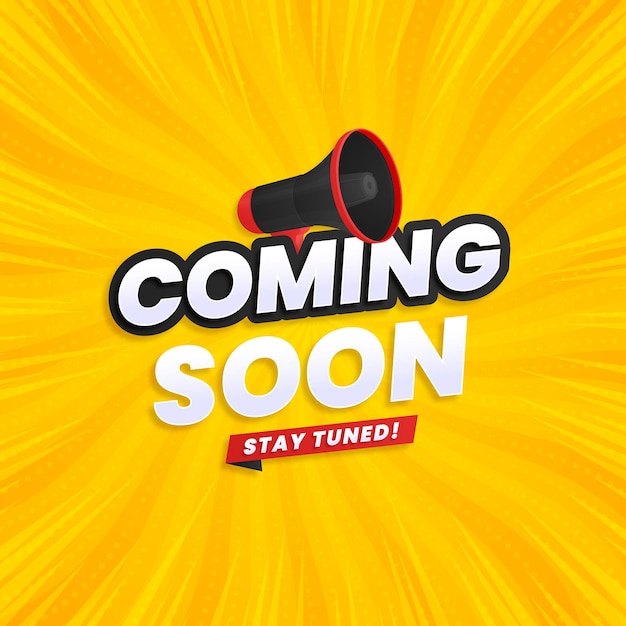 Próximamente con diseño de megáfono sobre fondo abstracto