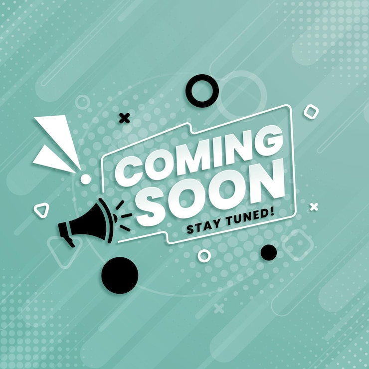 Vector próximamente con diseño de megáfono sobre fondo abstracto