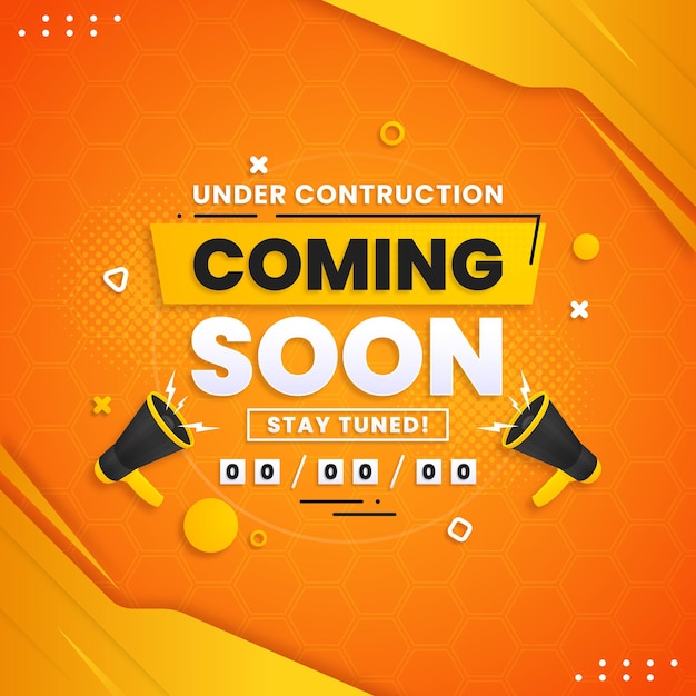 Próximamente con diseño de megáfono sobre fondo abstracto