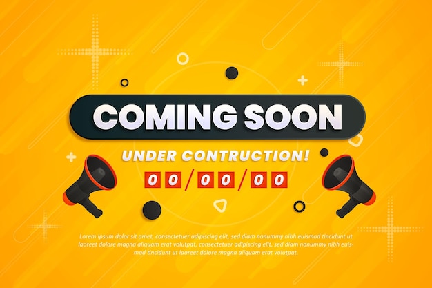 Próximamente con diseño de megáfono sobre fondo abstracto