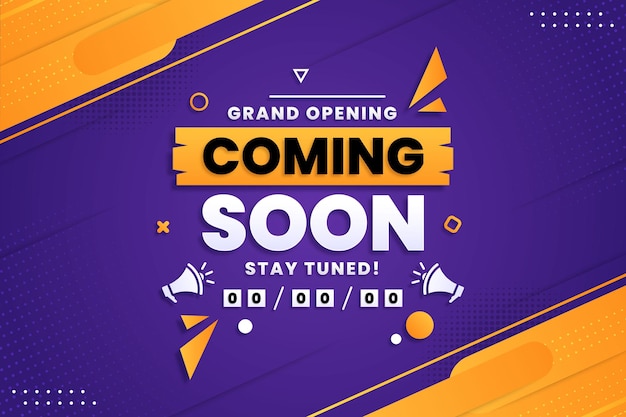Próximamente con diseño de megáfono sobre fondo abstracto