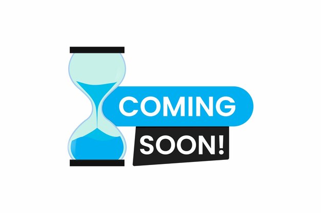 Próximamente etiqueta con icono de vector de reloj de arena