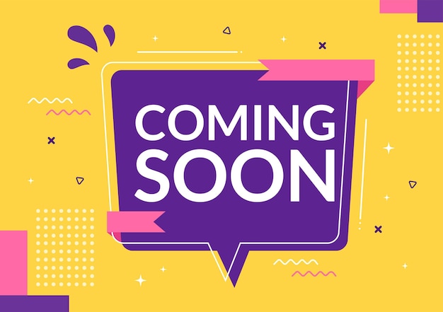 Próximamente ilustración vectorial de fondo. La publicidad comercial con letrero o diseño de etiqueta para la venta sirve como pancarta, póster y tarjeta de anuncio de promoción