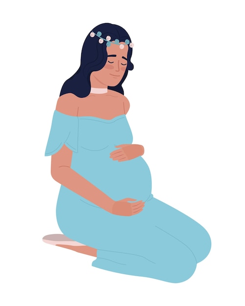 Próximamente madre abrazando el vientre embarazado semi plano color vector carácter