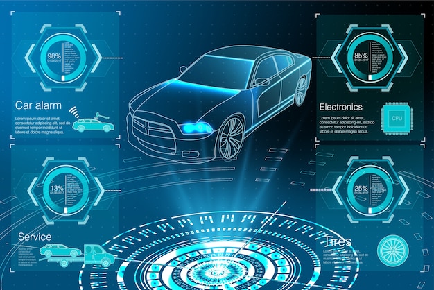 Vector proyección de coche. interfaz de usuario de hud. interfaz de usuario táctil gráfica virtual abstracta.