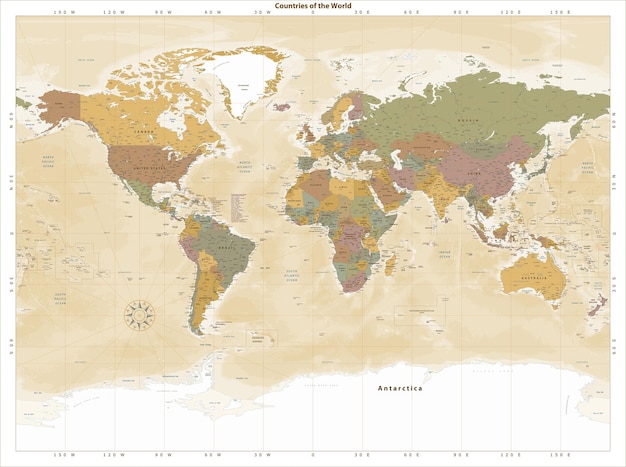 Proyección de Miller de estilo vintage de mapa político detallado del mundo