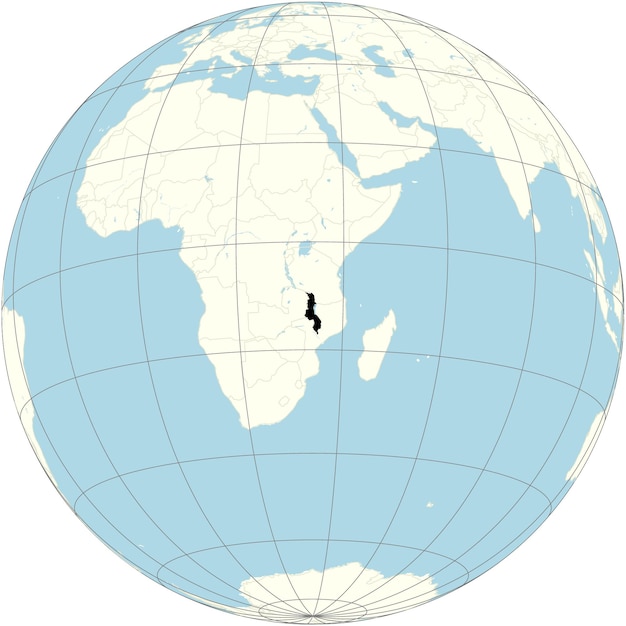 Vector la proyección ortográfica del mapa del mundo con malawi en su centro un país sin litoral