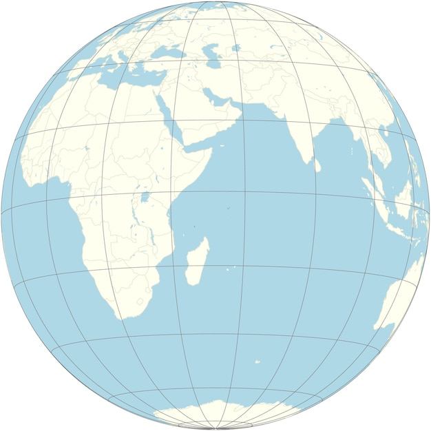 La proyección ortográfica del mapa del mundo con las Seychelles en su centrof 115 islas tiene