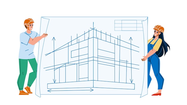 Proyecto Arquitectónico Desarrollar Ingenieros Vector Hombre Y Mujer Dibujando Y Desarrollando Construcción De Edificios En Lista De Papel Y Presentando Personajes De Proyecto Arquitectónico Ilustración De Dibujos Animados Planos