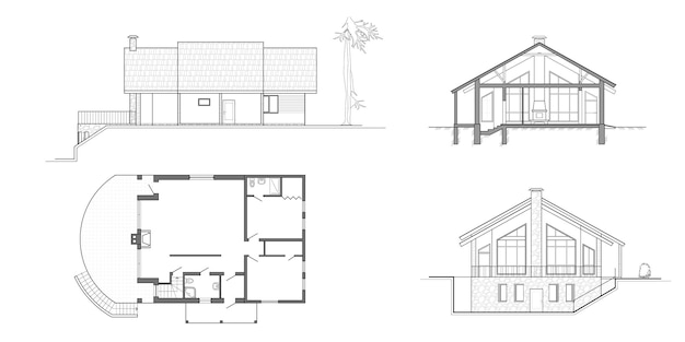 Proyecto arquitectónico plan de piso casa Villa moderna Proyecto de cabaña sobre fondo blanco Blueprint
