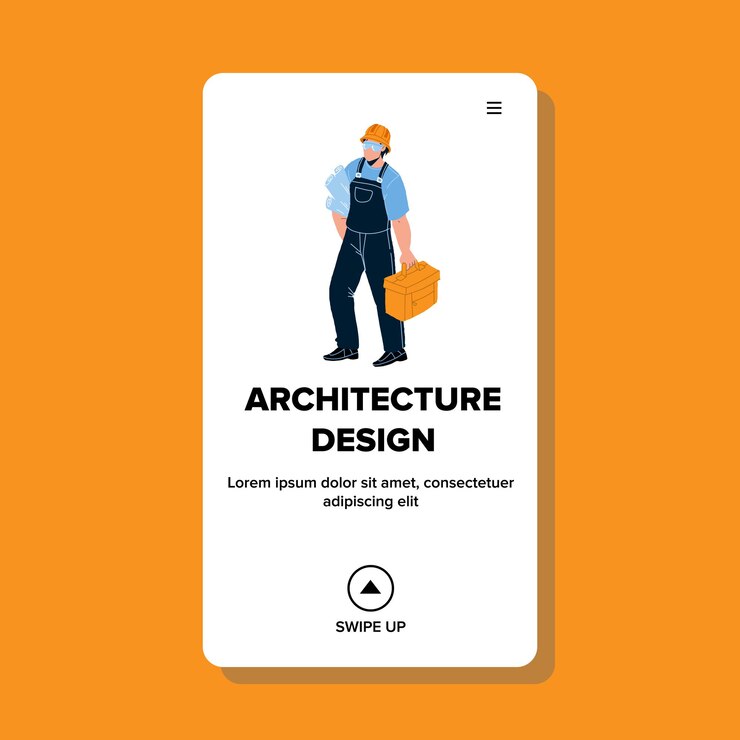 Vector proyecto de diseño de arquitectura con vector de arquitecto. diseño de arquitectura y rollos de documentación de planos para la construcción de una casa u oficina. ilustración de dibujos animados planos de character builder web