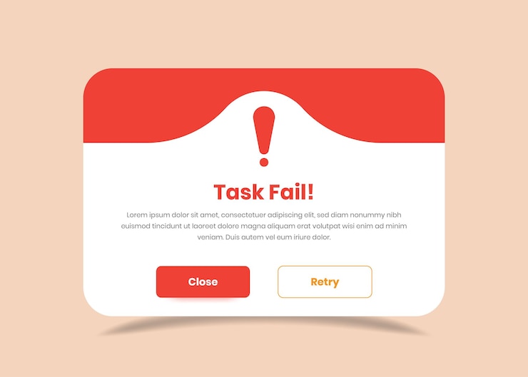 Vector proyecto de diseño de ventana emergente de falla de tarea o advertencia para aplicaciones web y móviles