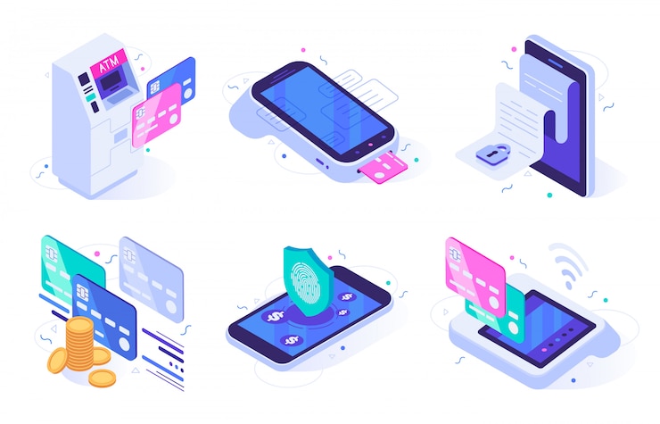 Vector proyecto de ley de finanzas electrónicas, seguridad de pago de finanzas y compra digital conjunto de ilustración vectorial