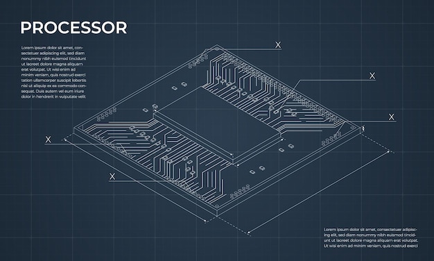 Proyecto de procesador isométrico Unidad de procesamiento central o CPU Componentes de hardware de computadora Concepto de tecnología de semiconductores Ilustración vectorial