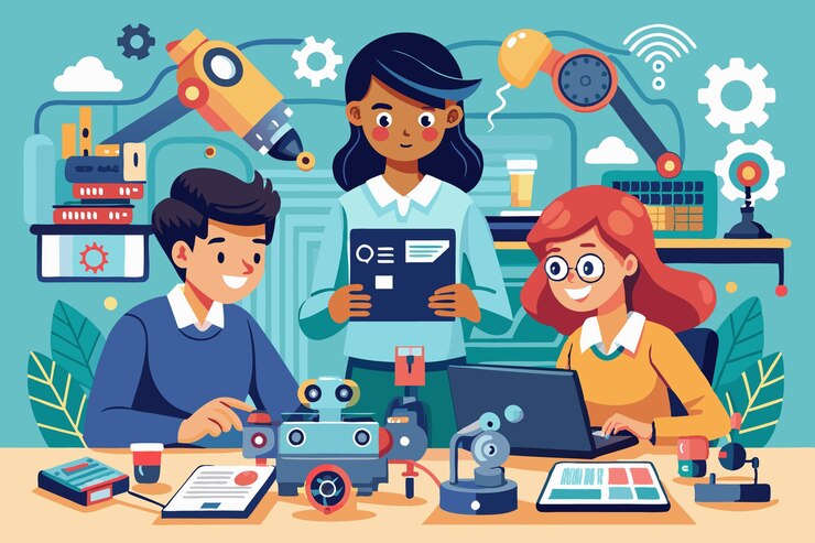 Vector proyecto de robótica colaborativa de estudiantes con ilustración vectorial de circuitos intrincados