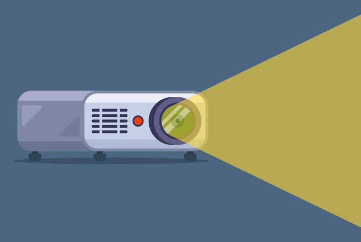 Vector un proyector funciona en una habitación oscura y muestra una película. ilustración vectorial plana.