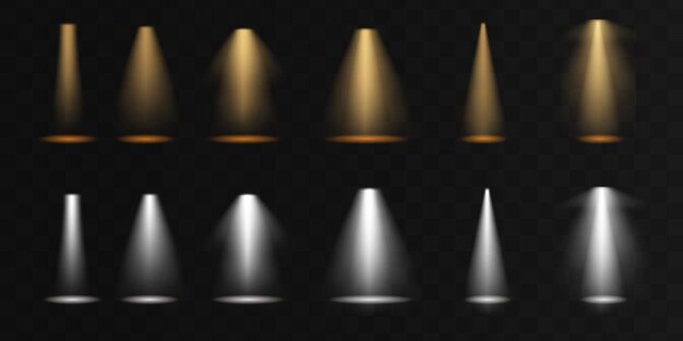 Proyector haz de escenario Lámpara blanca brillante Reflector Efecto de luz con rayos Escena iluminada Vector